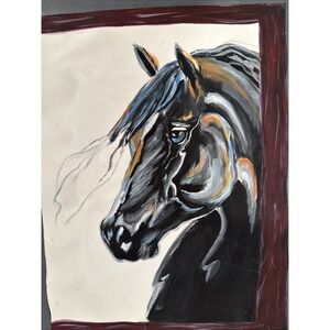Original Black Arabian Horse Portrait Painting On Paper/Cardboard-Pops Of Color